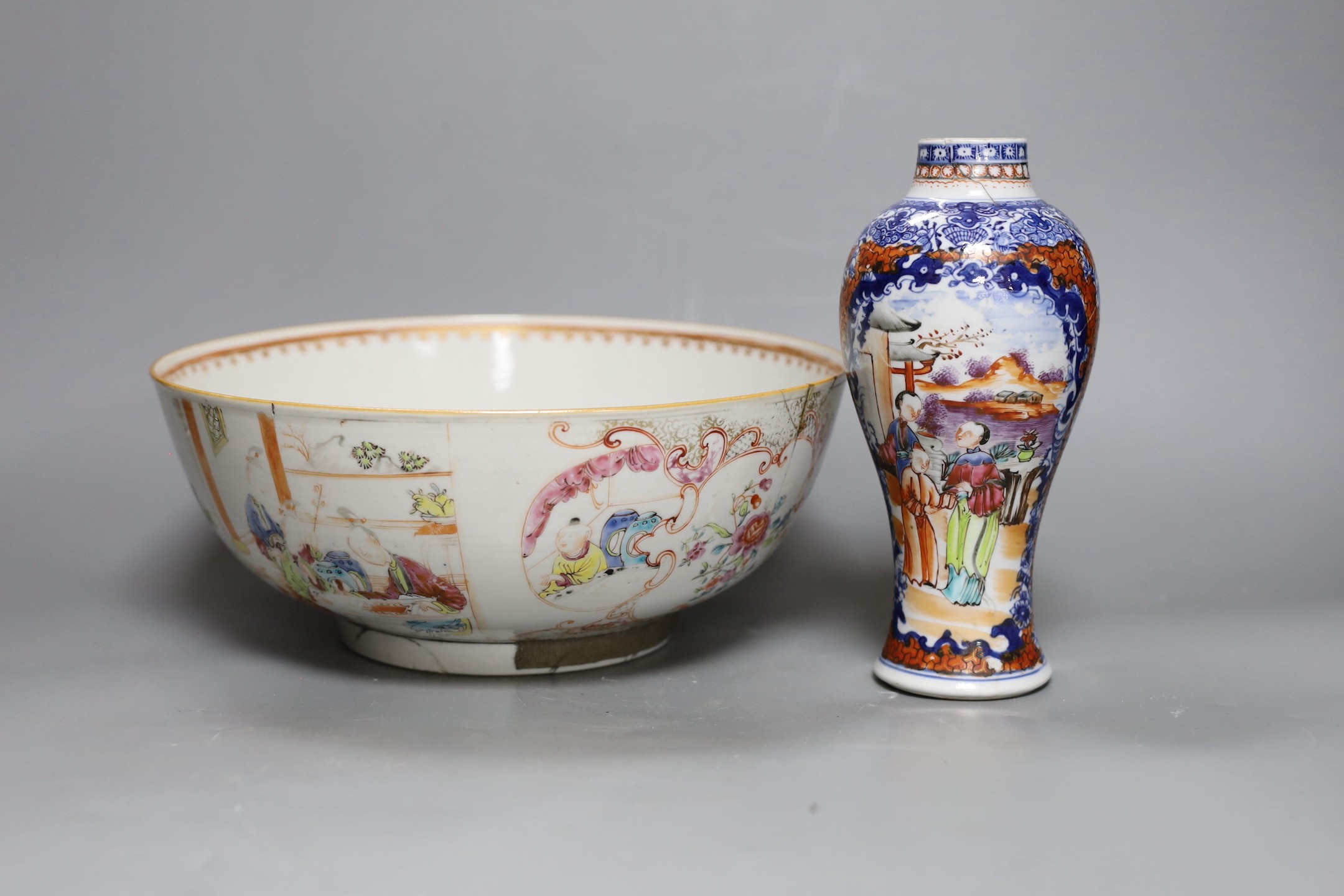 An 18th century Chinese export famille rose bowl and a similar mandarin pattern vase, bowl 26cm diameter